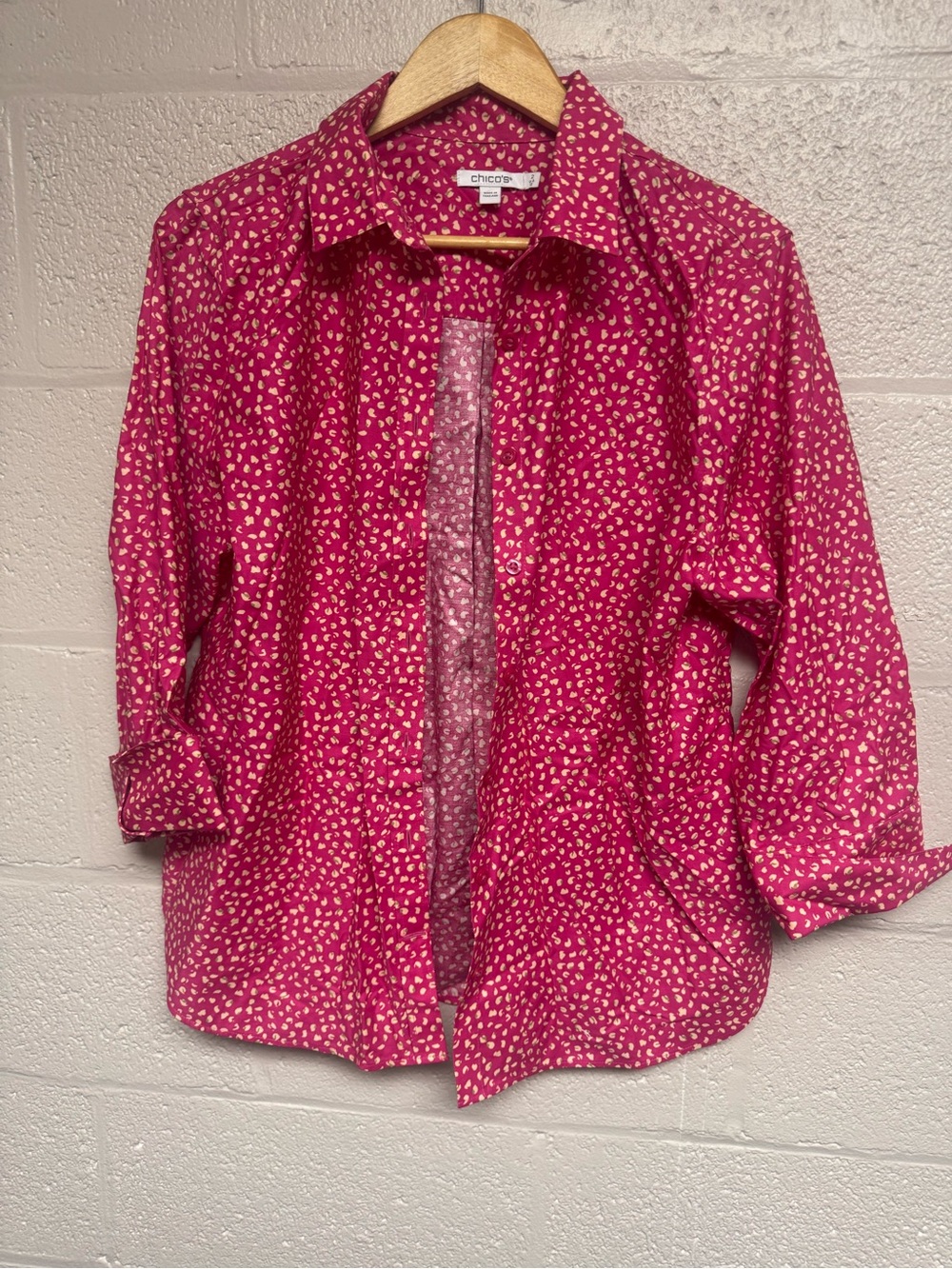 Chico's Bright Pink Button-Down Shirt with Cream Fleck Print